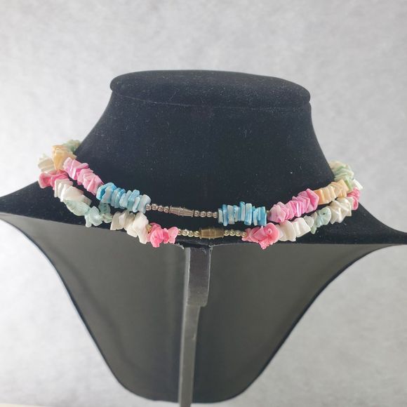 Lot of 2 Puka Shell Necklaces Beach Pastel Surfer Choker Pink Blue Green White - Picture 6 of 8